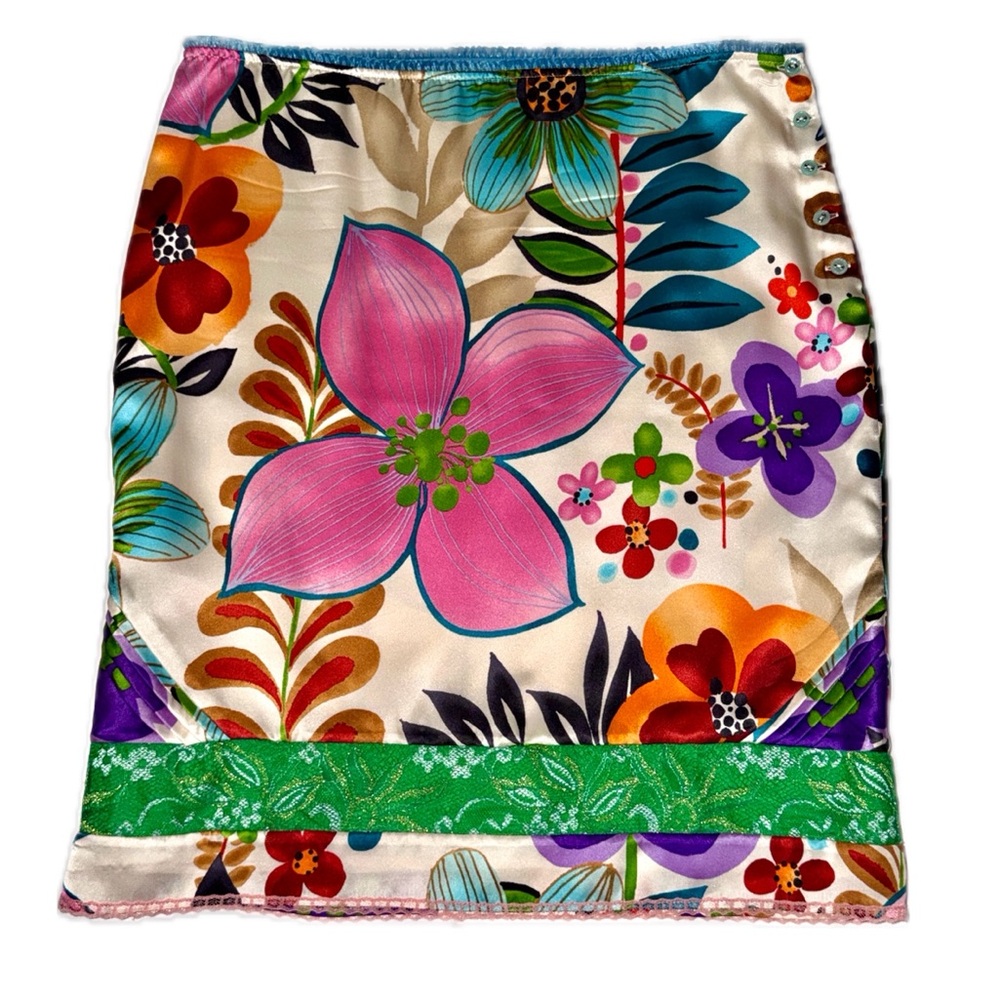 CUSTO BARCELONA Colorful Floral Print Ruffle Lace Trim Silk Skirt, size 2 - Picture 2 of 12